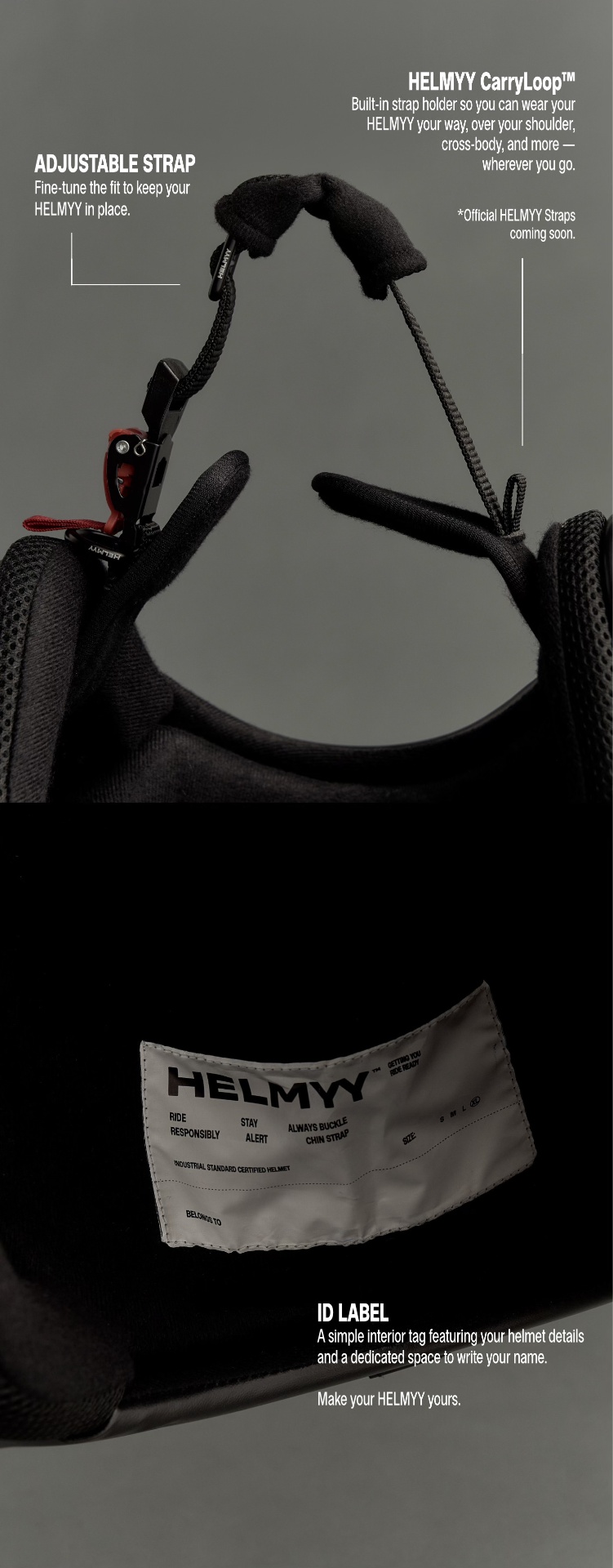 HELMYY CarryLoop adjustable strap and interior ID label