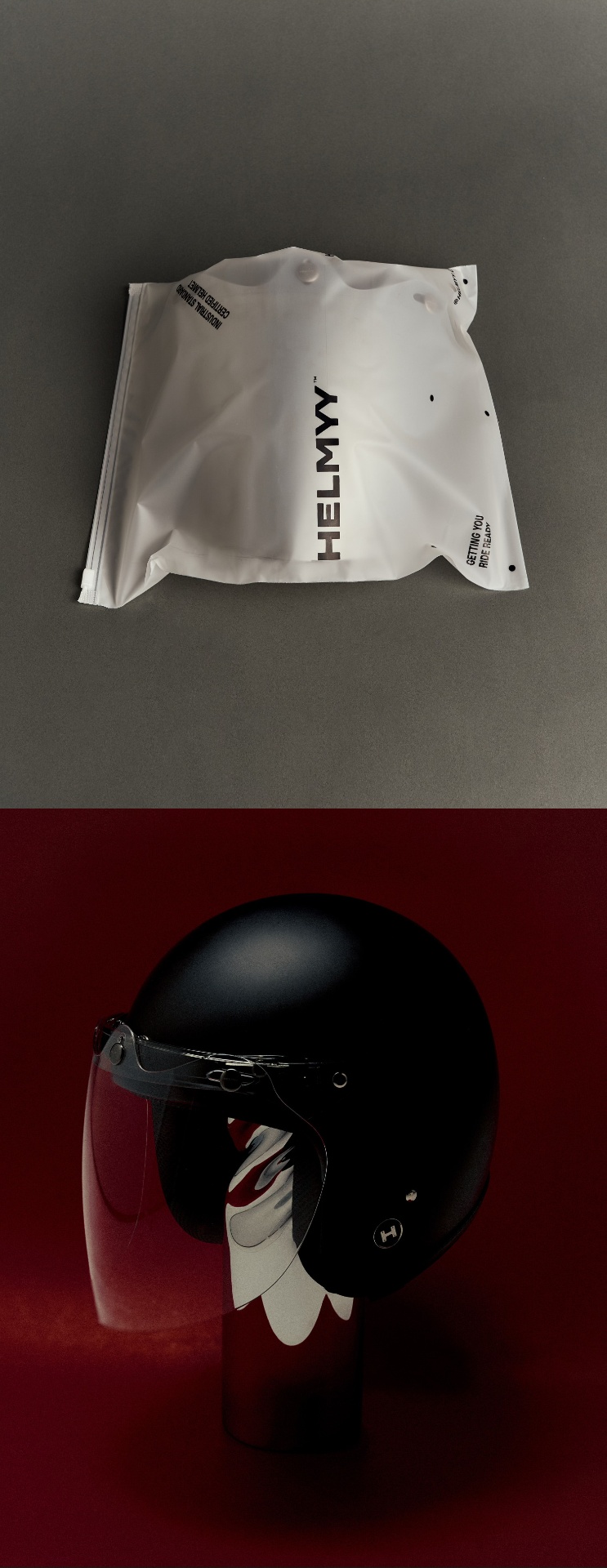 HELMYY packaging and helmet with shield