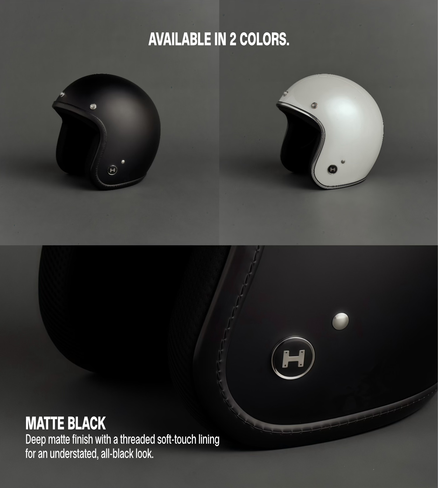 HELMYY Core — available in two colors, matte black finish detail