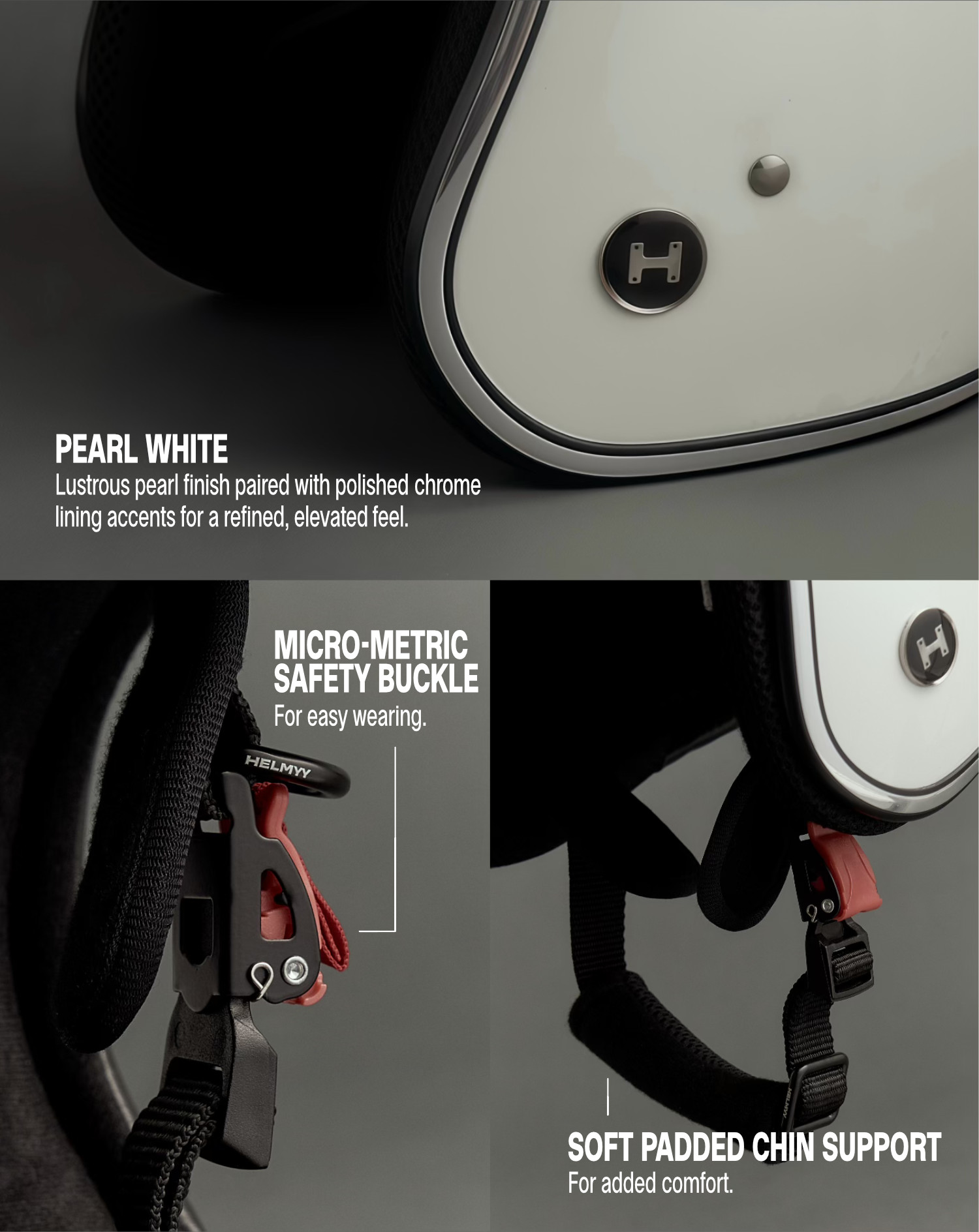 HELMYY Core — pearl white finish, micro-metric safety buckle and soft padded chin support
